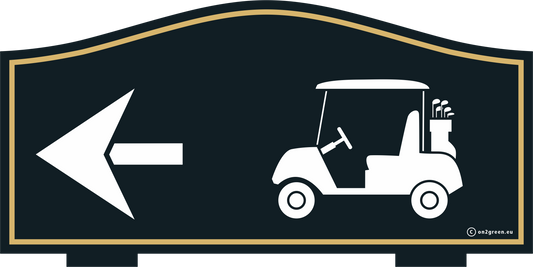 Golfskilt: NEXT TEE - golfbil og pil venstre