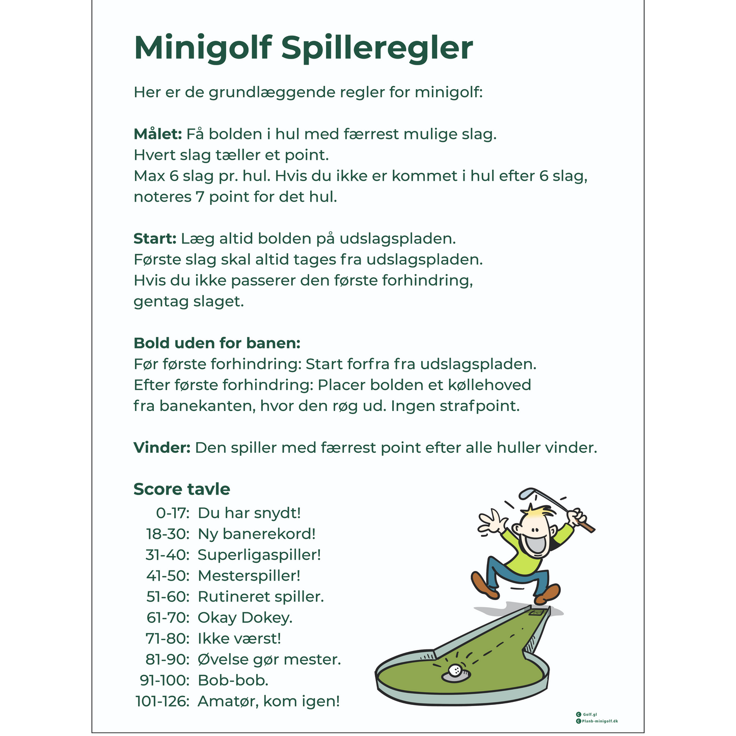 Regel skilt til MiniGolf / Adventure Golf på dansk