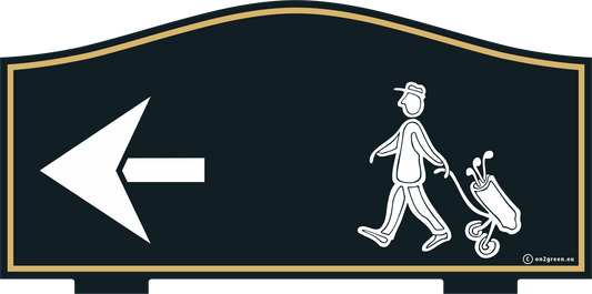 Golfskilt: NEXT TEE - golfmand og pil venstre